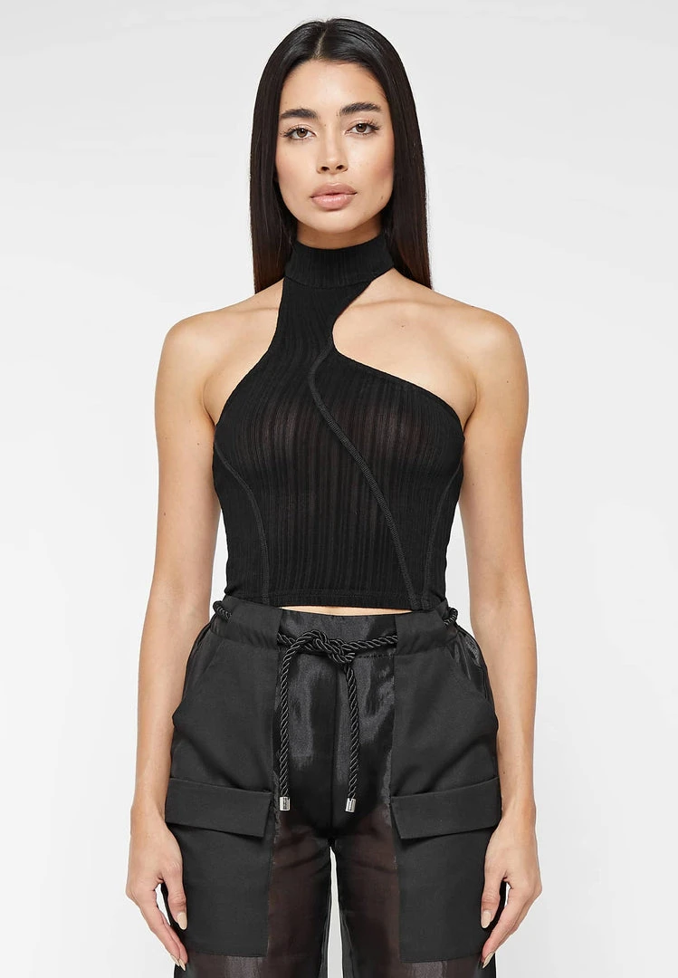 Woman Tops TOPS & T SHIRTS High Neck Sheer Asymmetric Crop Top - Black