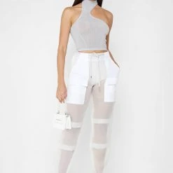 Woman Tops High Neck Sheer Asymmetric Crop Top - Grey