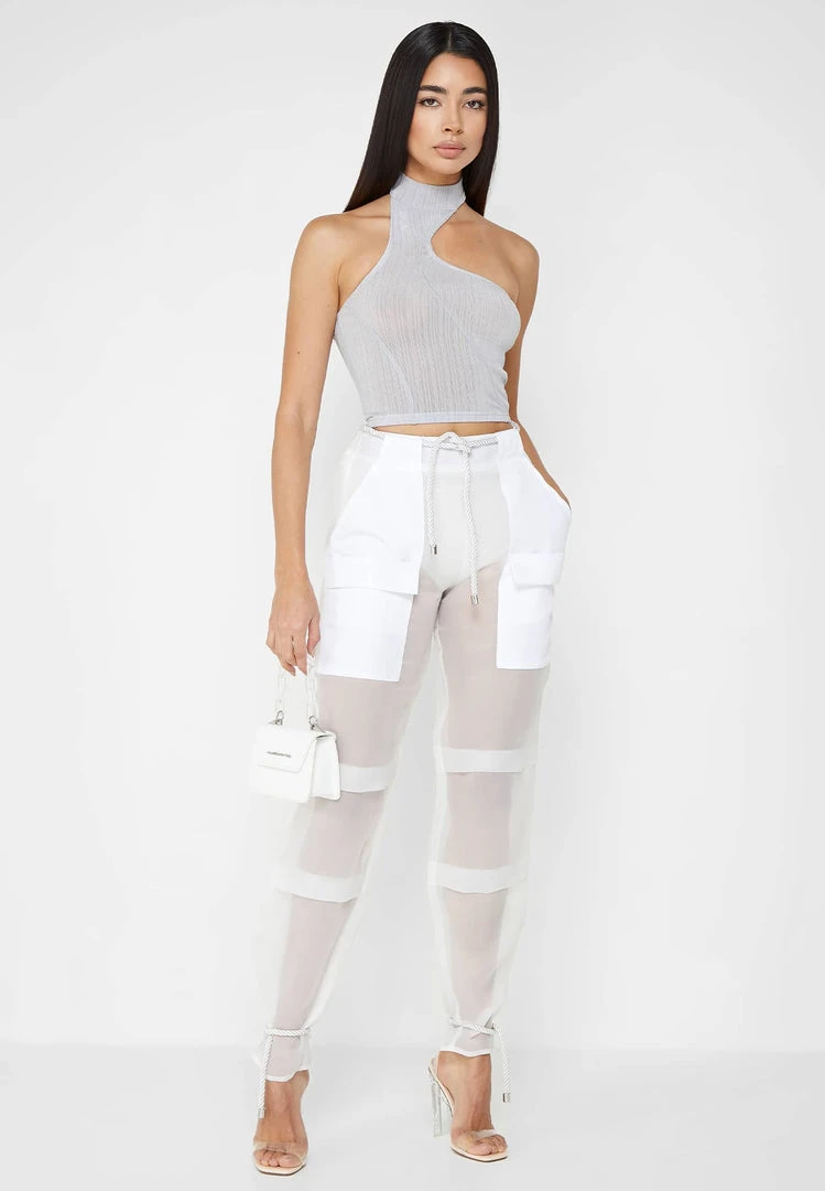 Woman Tops High Neck Sheer Asymmetric Crop Top - Grey