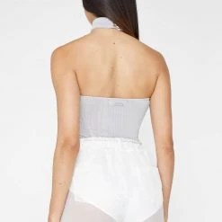 Woman Tops High Neck Sheer Asymmetric Crop Top - Grey