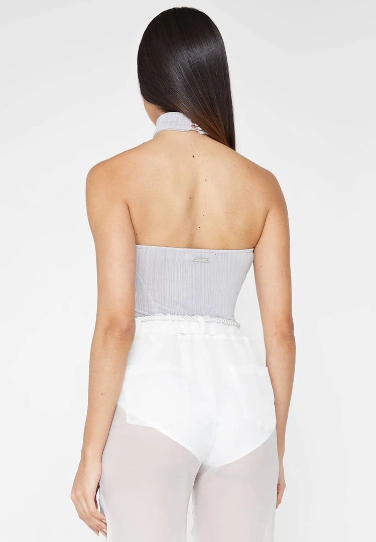 Woman Tops High Neck Sheer Asymmetric Crop Top - Grey