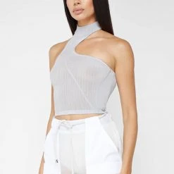 Woman Tops High Neck Sheer Asymmetric Crop Top - Grey