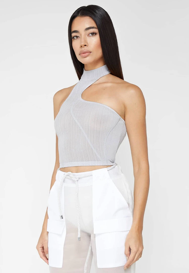 Woman Tops High Neck Sheer Asymmetric Crop Top - Grey