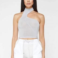 Woman Tops High Neck Sheer Asymmetric Crop Top - Grey