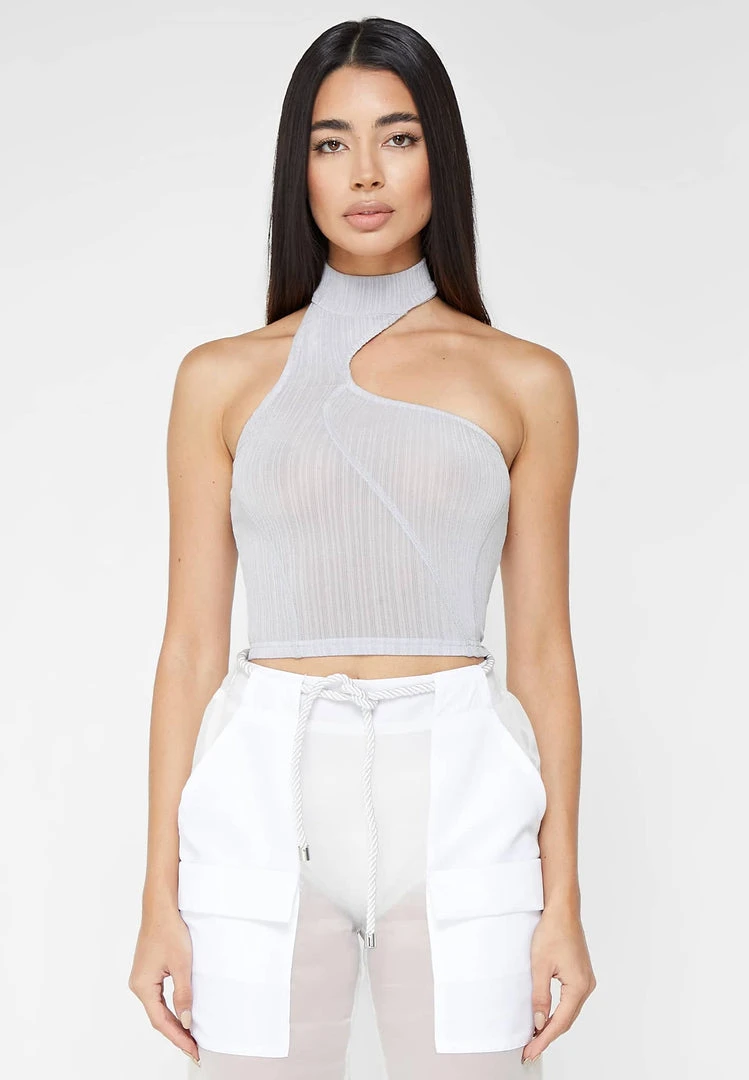 Woman Tops High Neck Sheer Asymmetric Crop Top - Grey