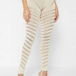Woman Leggings High Waisted Knitted Spiral Contour Leggings - Beige