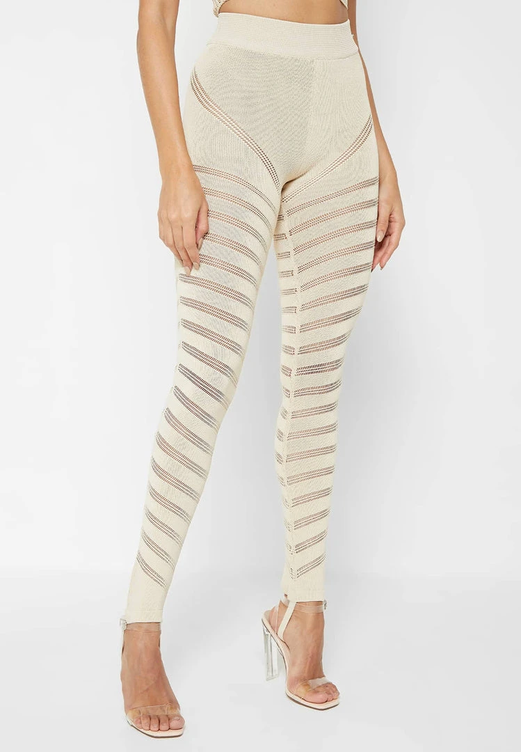 Woman Leggings High Waisted Knitted Spiral Contour Leggings - Beige
