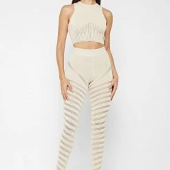Woman Leggings High Waisted Knitted Spiral Contour Leggings - Beige