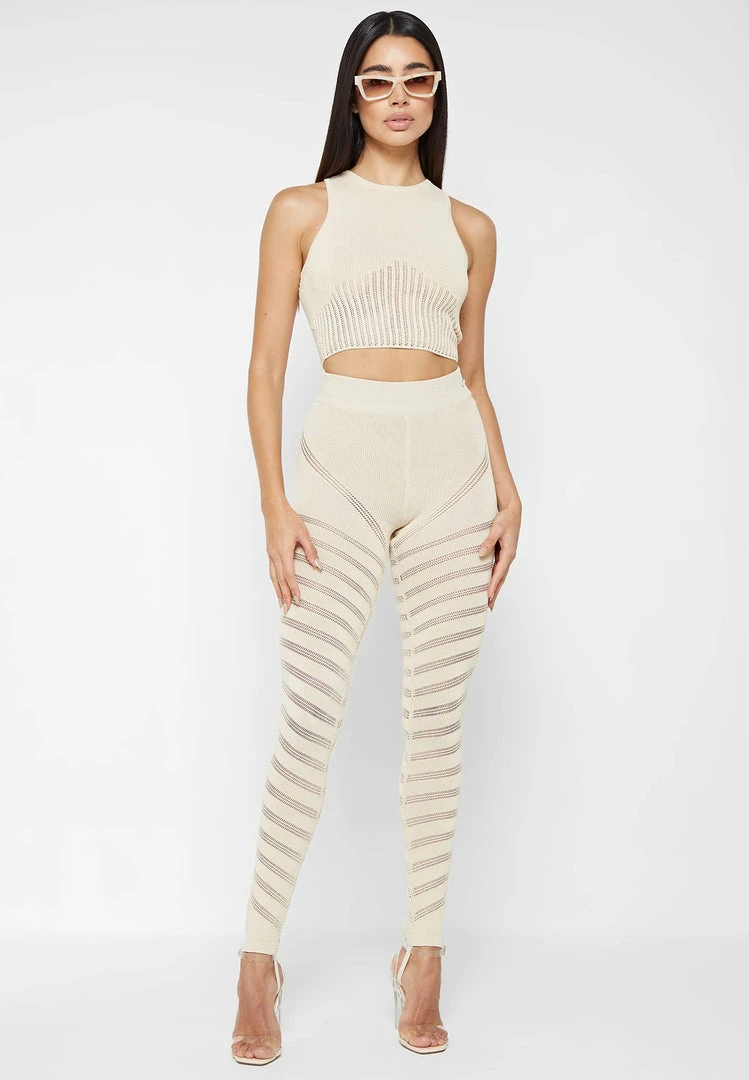 Woman Leggings High Waisted Knitted Spiral Contour Leggings - Beige