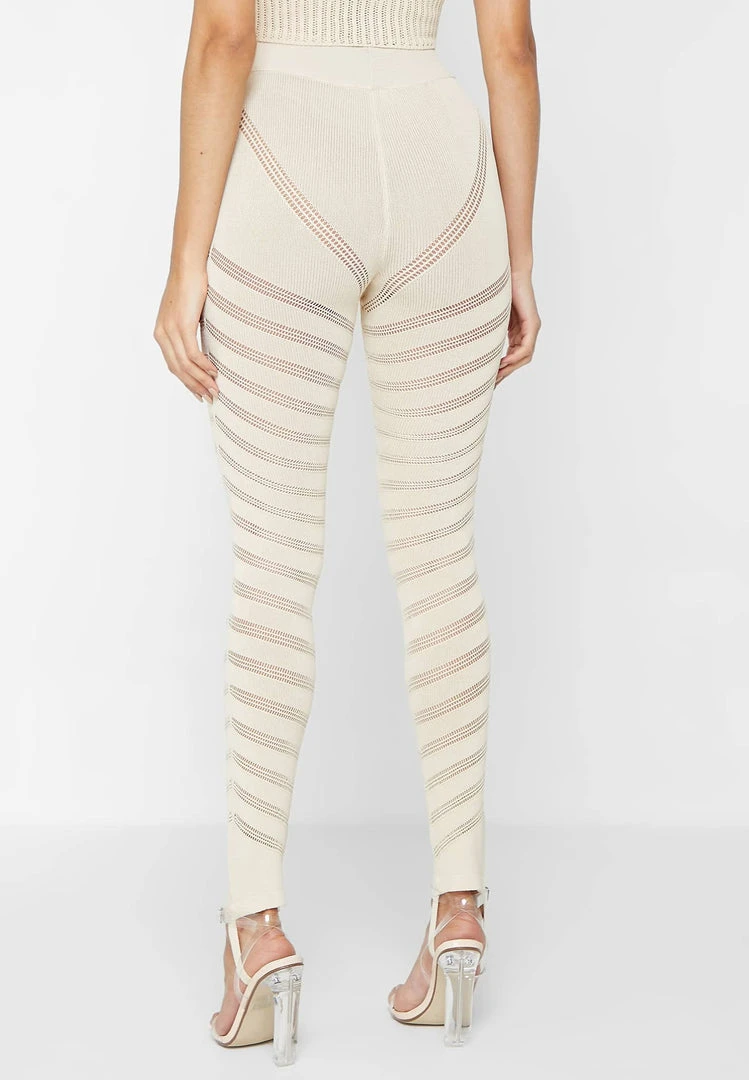 Woman Leggings High Waisted Knitted Spiral Contour Leggings - Beige