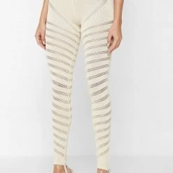 Woman Leggings High Waisted Knitted Spiral Contour Leggings - Beige