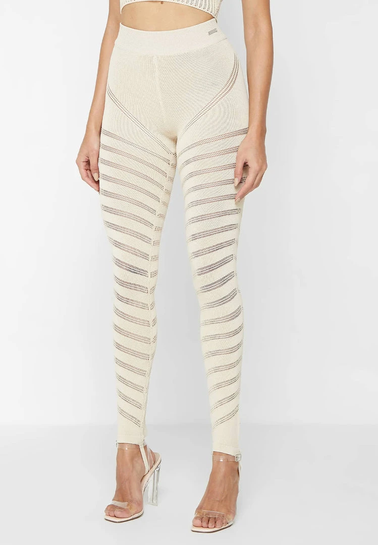 Woman Leggings High Waisted Knitted Spiral Contour Leggings - Beige