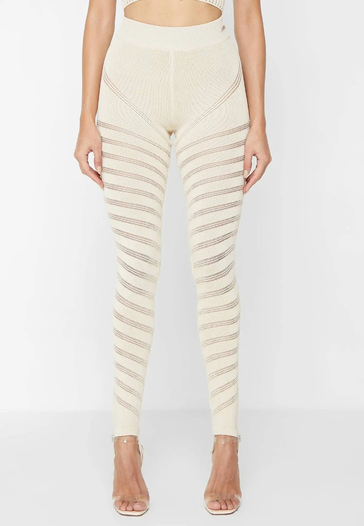Woman Leggings High Waisted Knitted Spiral Contour Leggings - Beige
