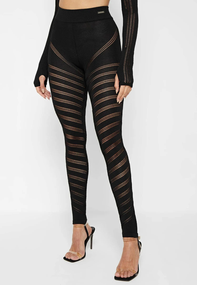 Woman Leggings High Waisted Knitted Spiral Contour Leggings - Black