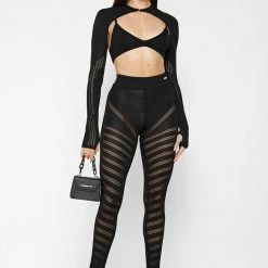 Woman Leggings High Waisted Knitted Spiral Contour Leggings - Black