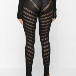 Woman Leggings High Waisted Knitted Spiral Contour Leggings - Black