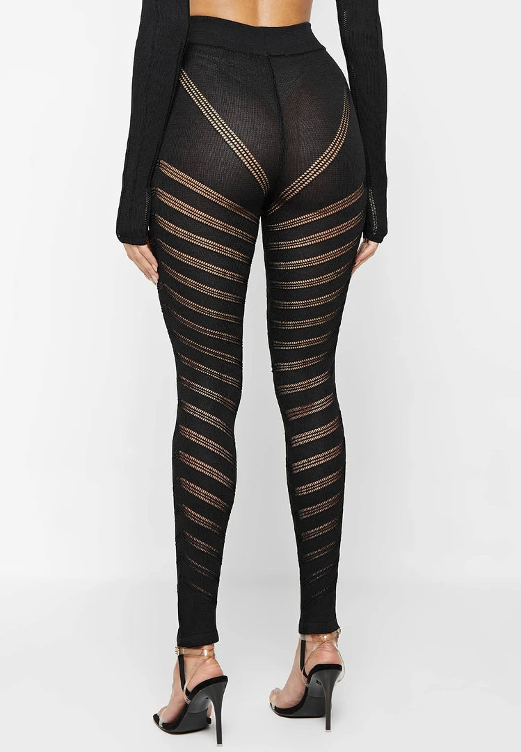 Woman Leggings High Waisted Knitted Spiral Contour Leggings - Black