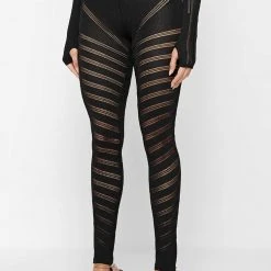 Woman Leggings High Waisted Knitted Spiral Contour Leggings - Black