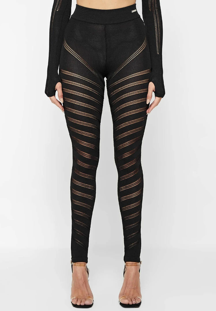 Woman Leggings High Waisted Knitted Spiral Contour Leggings - Black