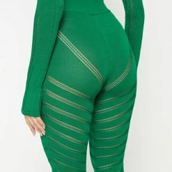 Woman Leggings High Waisted Knitted Spiral Contour Leggings - Green