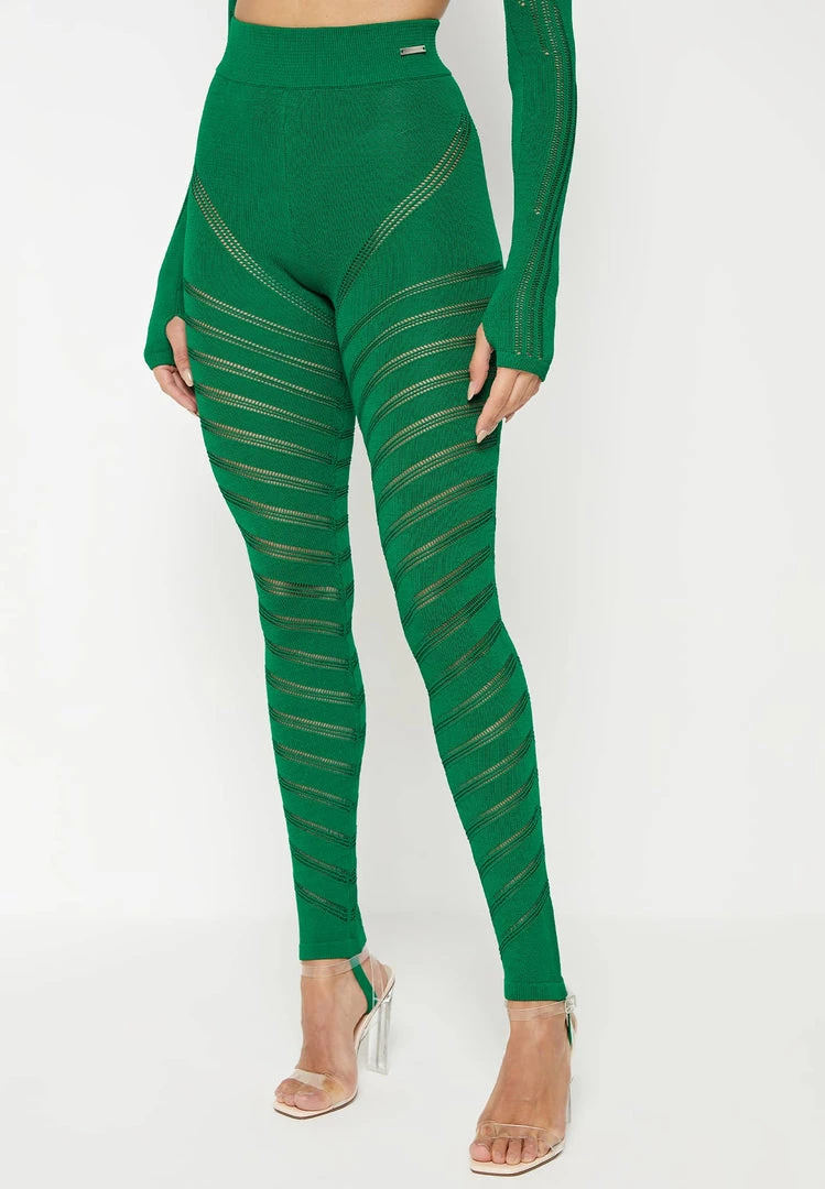 Woman Leggings High Waisted Knitted Spiral Contour Leggings - Green