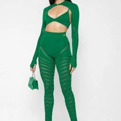 Woman Leggings High Waisted Knitted Spiral Contour Leggings - Green