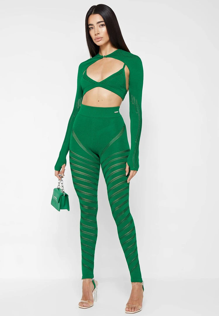 Woman Leggings High Waisted Knitted Spiral Contour Leggings - Green