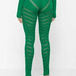 Woman Leggings High Waisted Knitted Spiral Contour Leggings - Green