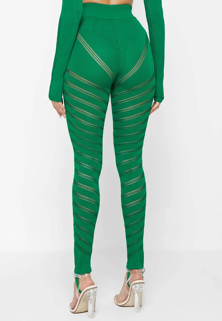 Woman Leggings High Waisted Knitted Spiral Contour Leggings - Green