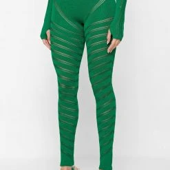 Woman Leggings High Waisted Knitted Spiral Contour Leggings - Green
