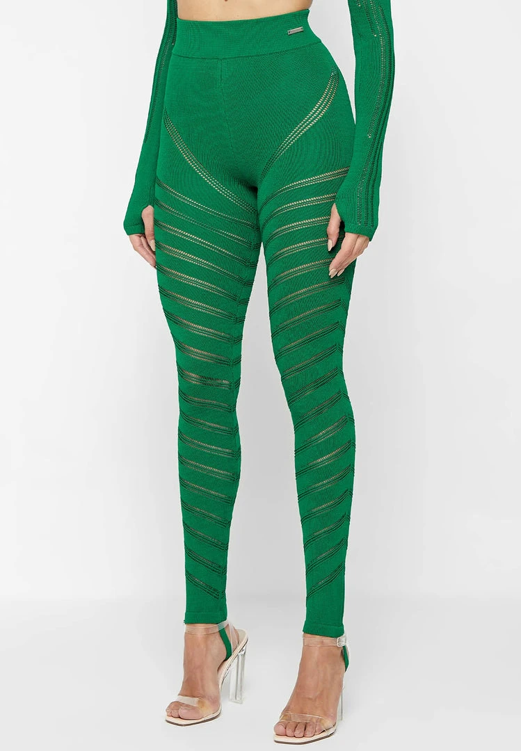 Woman Leggings High Waisted Knitted Spiral Contour Leggings - Green