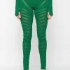 Woman Leggings High Waisted Knitted Spiral Contour Leggings - Green