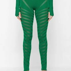 Woman Leggings High Waisted Knitted Spiral Contour Leggings - Green