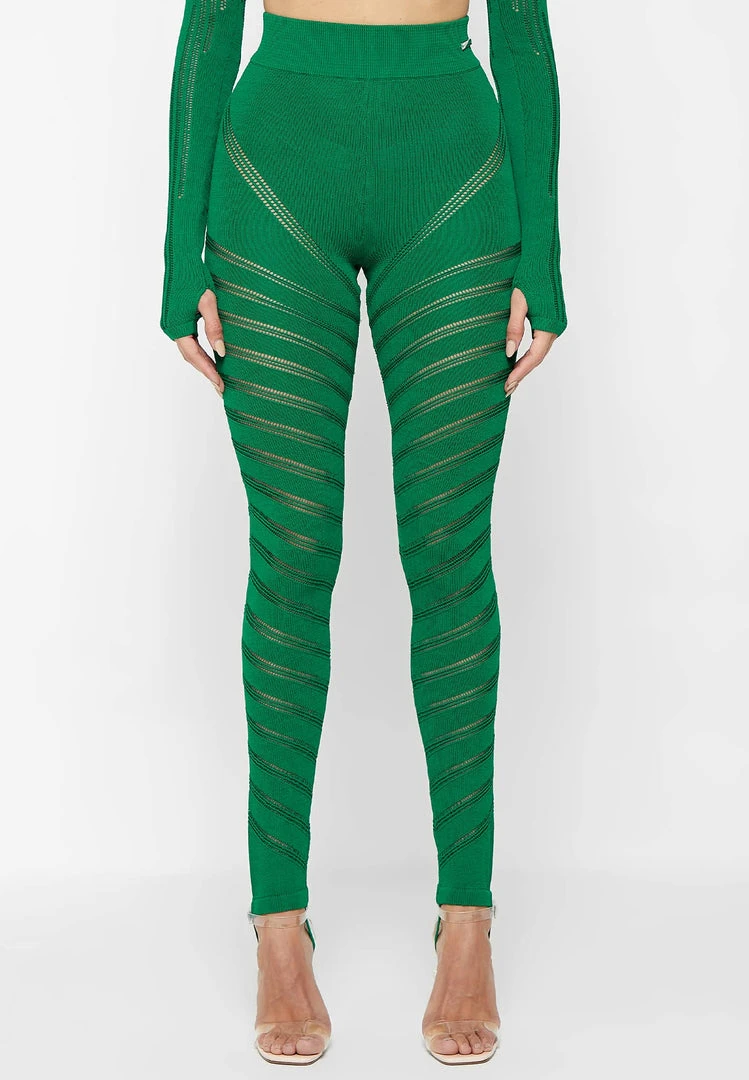 Woman Leggings High Waisted Knitted Spiral Contour Leggings - Green