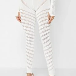 Woman Leggings High Waisted Knitted Spiral Contour Leggings - White