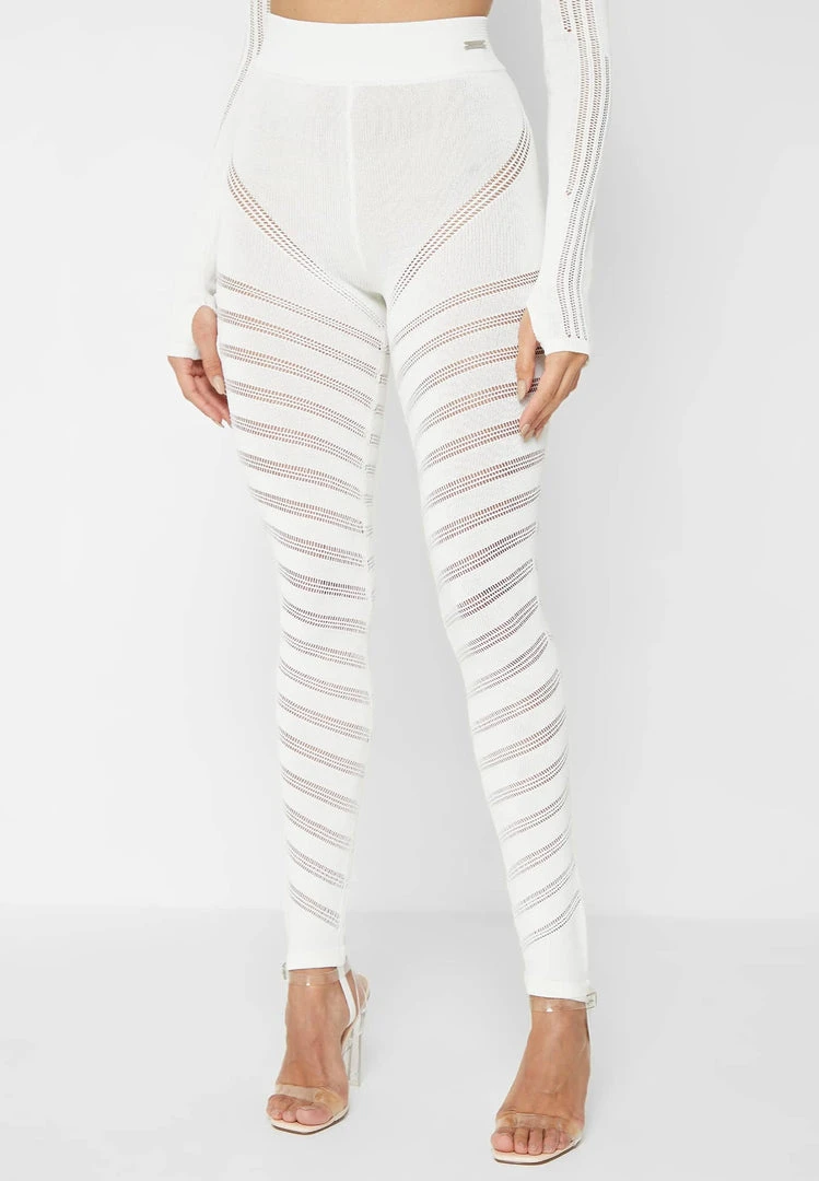 Woman Leggings High Waisted Knitted Spiral Contour Leggings - White