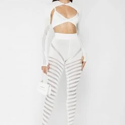 Woman Leggings High Waisted Knitted Spiral Contour Leggings - White