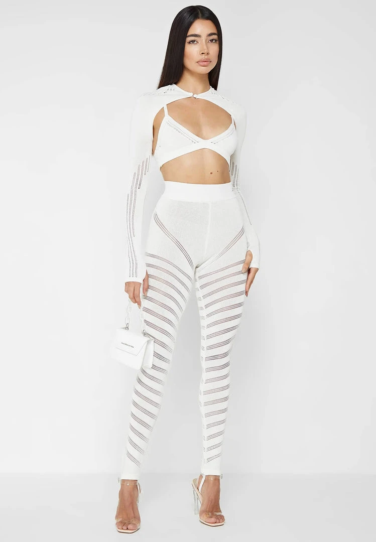 Woman Leggings High Waisted Knitted Spiral Contour Leggings - White