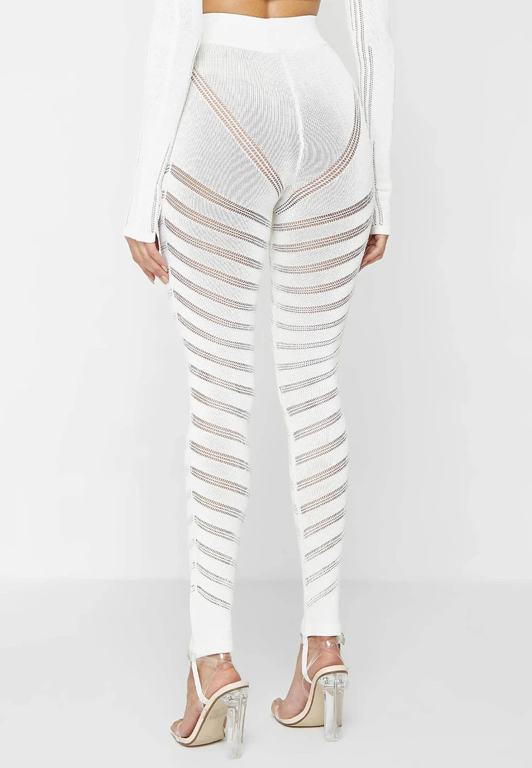 Woman Leggings High Waisted Knitted Spiral Contour Leggings - White