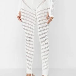 Woman Leggings High Waisted Knitted Spiral Contour Leggings - White
