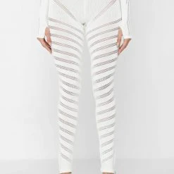 Woman Leggings High Waisted Knitted Spiral Contour Leggings - White