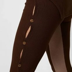 Woman Leggings High Waisted Ribbed Cut Out Leggings - Chocolate Brown
