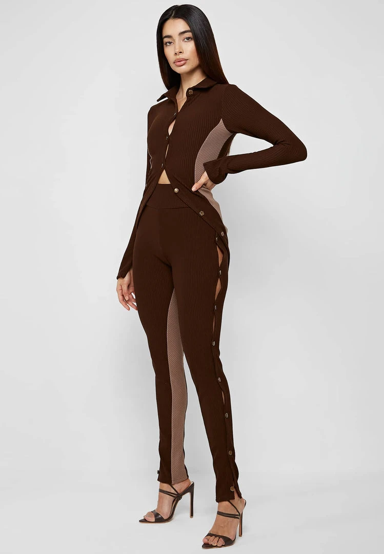 Woman Leggings High Waisted Ribbed Cut Out Leggings - Chocolate Brown