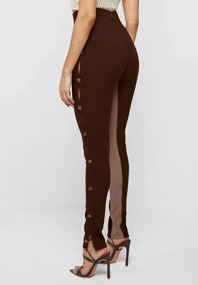 Woman Leggings High Waisted Ribbed Cut Out Leggings - Chocolate Brown