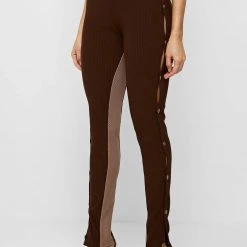 Woman Leggings High Waisted Ribbed Cut Out Leggings - Chocolate Brown