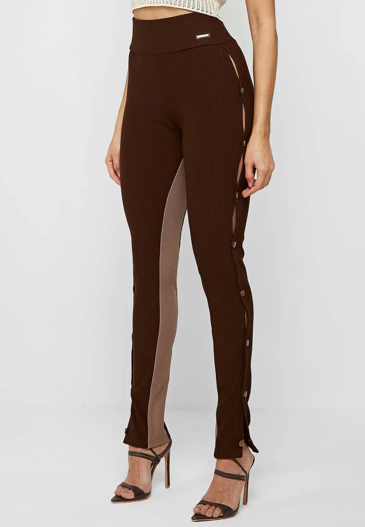 Woman Leggings High Waisted Ribbed Cut Out Leggings - Chocolate Brown