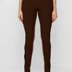 Woman Leggings High Waisted Ribbed Cut Out Leggings - Chocolate Brown