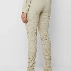 Woman Leggings High Waisted Ruched Leggings - Beige