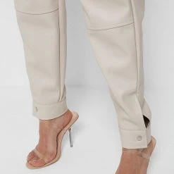 Woman Trousers High Waisted Vegan Leather Trousers - Beige