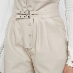 Woman Trousers High Waisted Vegan Leather Trousers - Beige